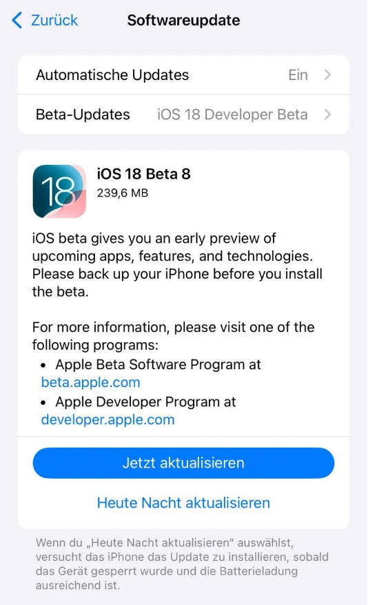 大通苹果手机维修分享苹果 iOS / iPadOS 18 开发者预览版 Beta 8 发布 